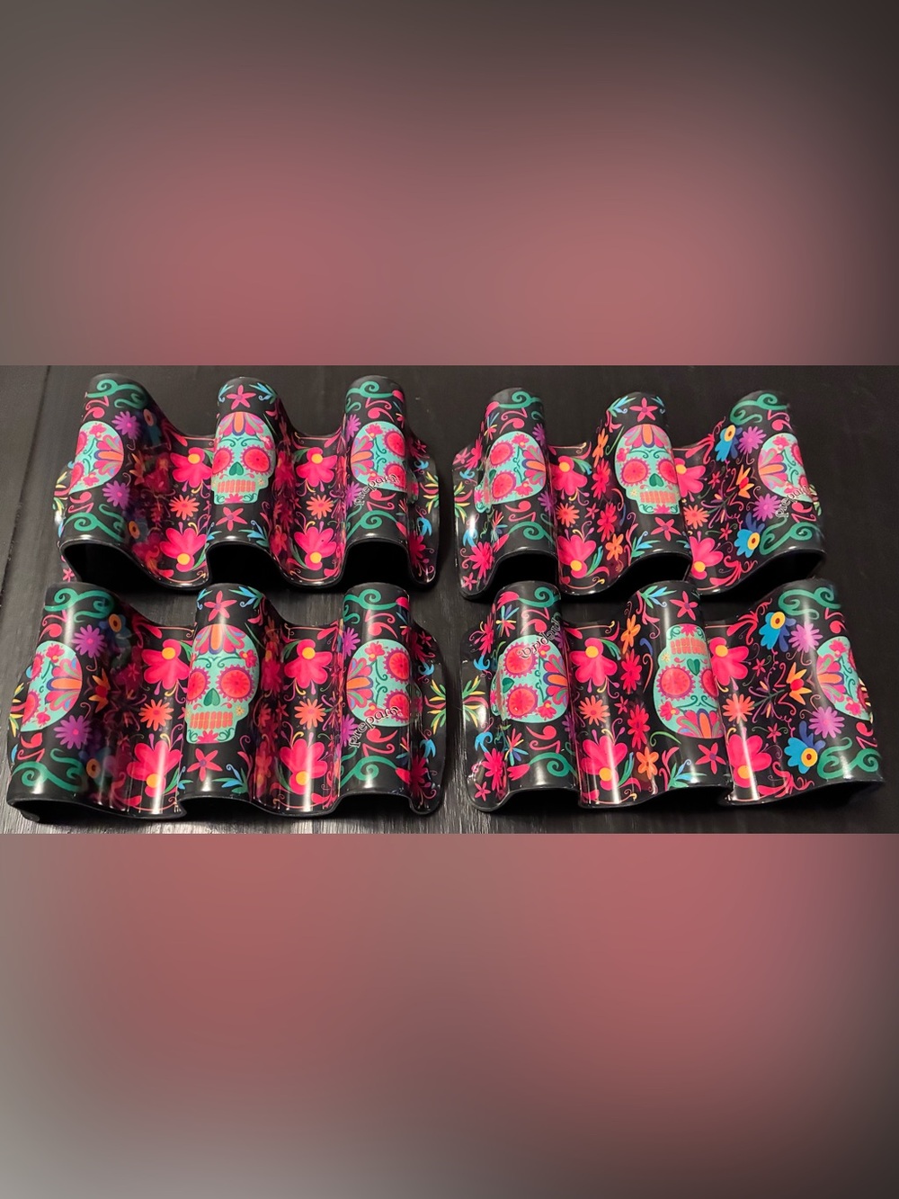 Prepara Day of the Dead Fiesta Taco Holders Sugar Skulls Black Floral Set Of 4